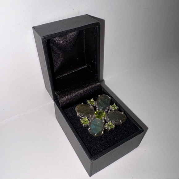 925 Sterling Silver Labradorite Peridot Green Gemstone Large Cluster Ring Size 7 - Picture 3 of 3